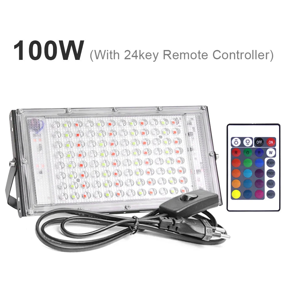 IP65 Waterproof RGB LED Flood Light (50W/100W/300W) AC220V - Outdoor Projector Spotlight with Remote Control & EU Switch Plug