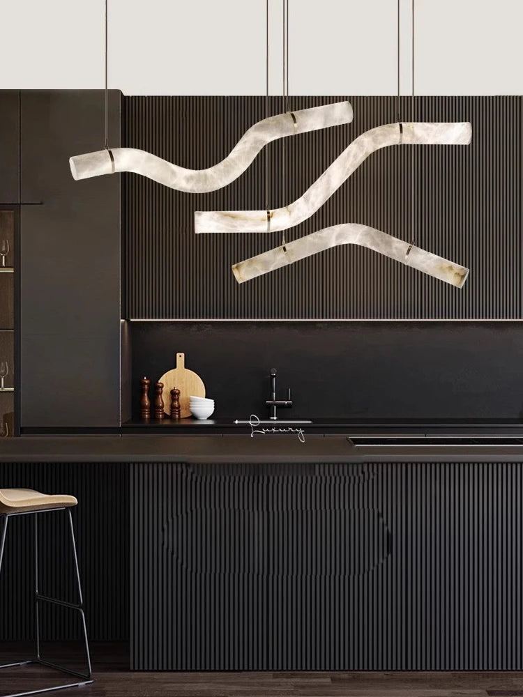 2026 Luxury Marble Linear Chandelier - Minimalist LED Dining Room Pendant Light