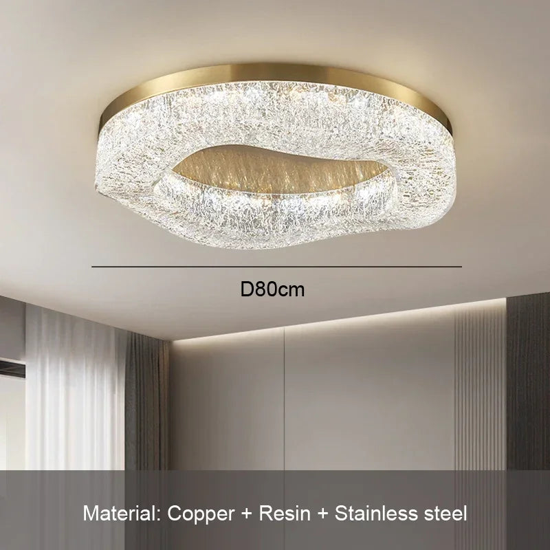 Modern Italian Luxury Living Room Crystal Ceiling Light, Golden Circular Copper Dining Room Home Decoration Lamp, LED Decoration