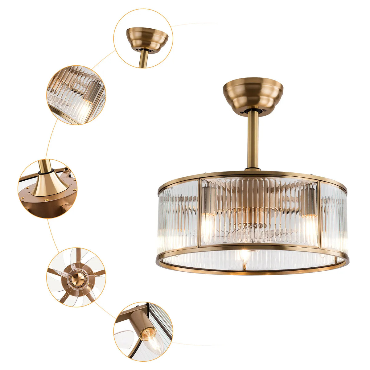 Ceiling Fan with LED Light Kit Remote Control Gold Brushed Brass Industrial Farmhouse Ceiling Light Fixture for Kitchen Island