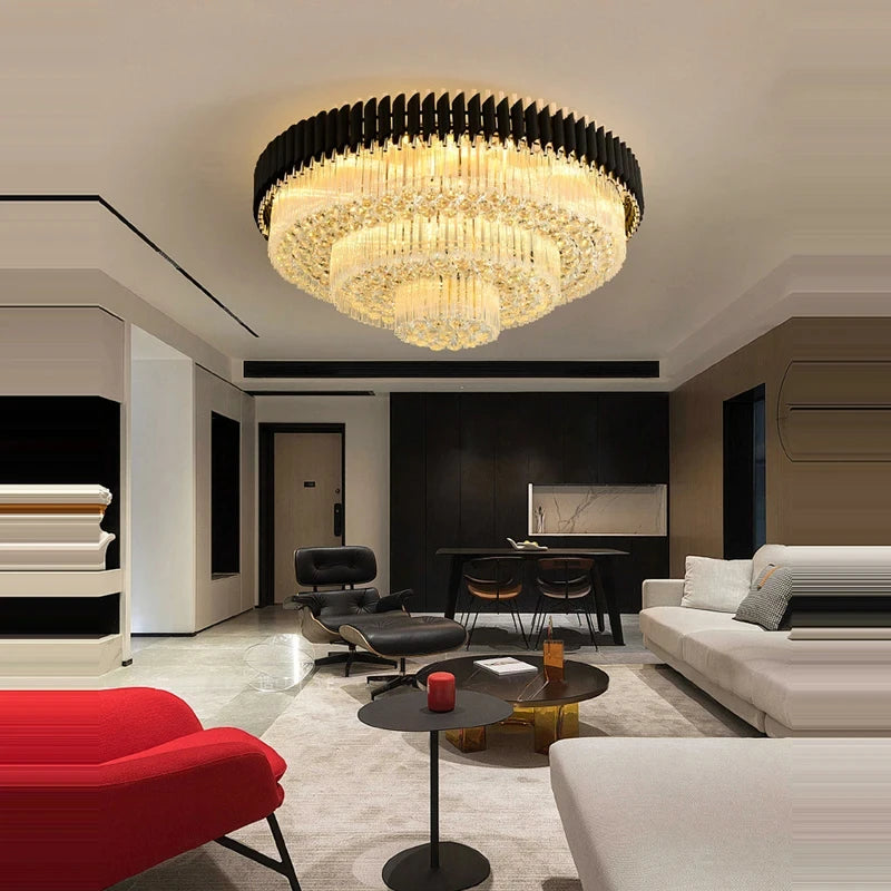 Modern round square layered crystal chandelier black gold luxury Led ceiling lamp living room main lamp villa foyer lighting