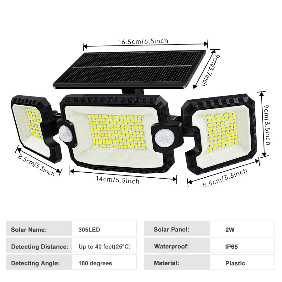 278 LED Solar Motion Sensor Outdoor Flood Light - 3-Head Waterproof Security Wall Lamp for Patio, Yard & Garage