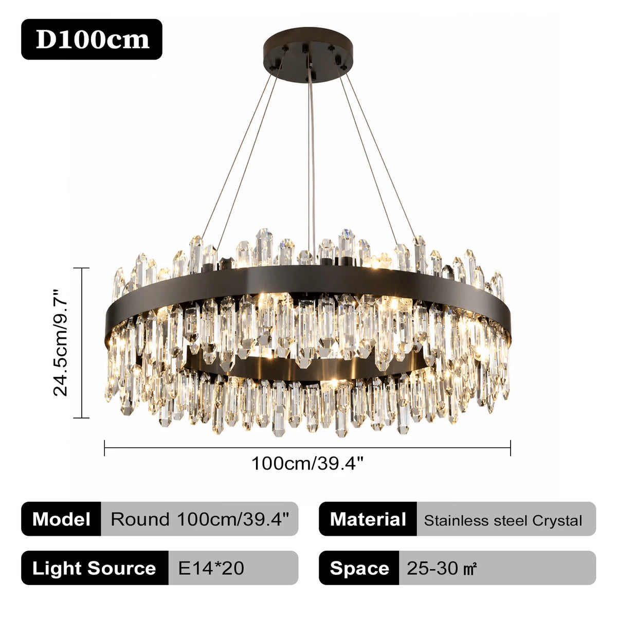 Italian Design Luxury Crystal Chandelier Light (E14) - Customizable Hanging Pendant Lamp Fixture for Living Room & Dining Room