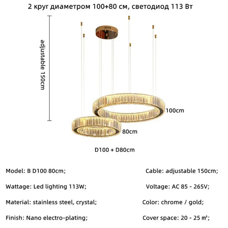 Luxury Design Gold Crystal LED Chandelier K9 Crystal Dimmable Pendant Light for Living Room Bedroom Hotel Villa Decor