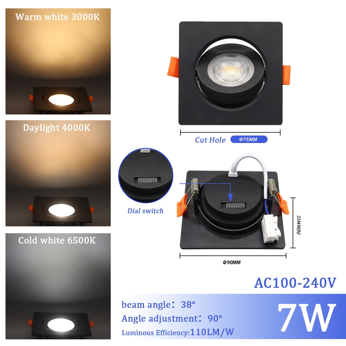 LED Change Color 3 CCT 3000K 4000K 6000K LED Ceiling Spotlight Embedded Light 7W AC 110V 220V Adjust 90°  1-10pcs Lighting Spot