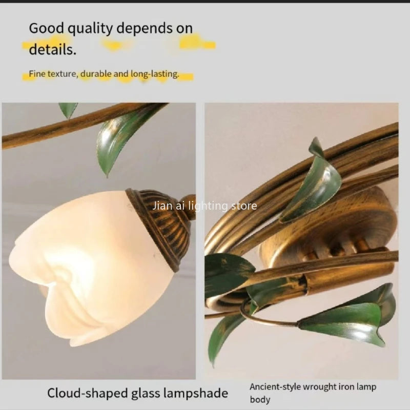 Romantic American Retro Countryside Flower LED Ceiling Light Nordic Designer Wrought Iron Glass Living Room Decoration