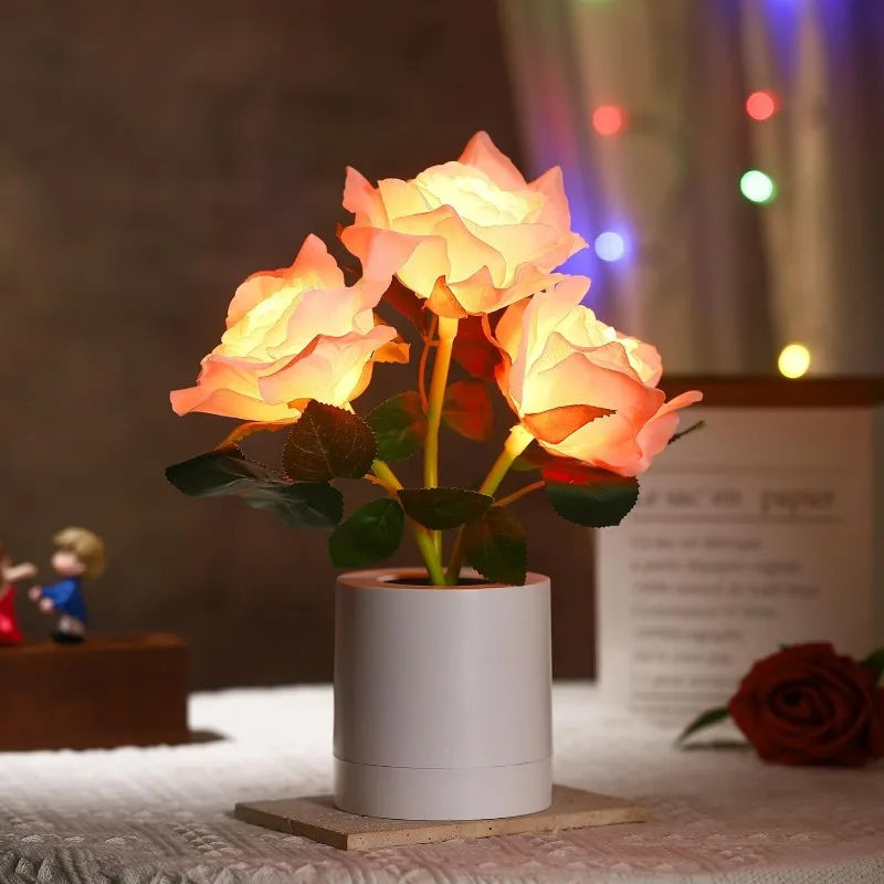 Pink Rose Flower Cordless Touch Lamp LED Artificial Flowers Gifts for Her Wife Girlfriend Small Table Lamp Night Light