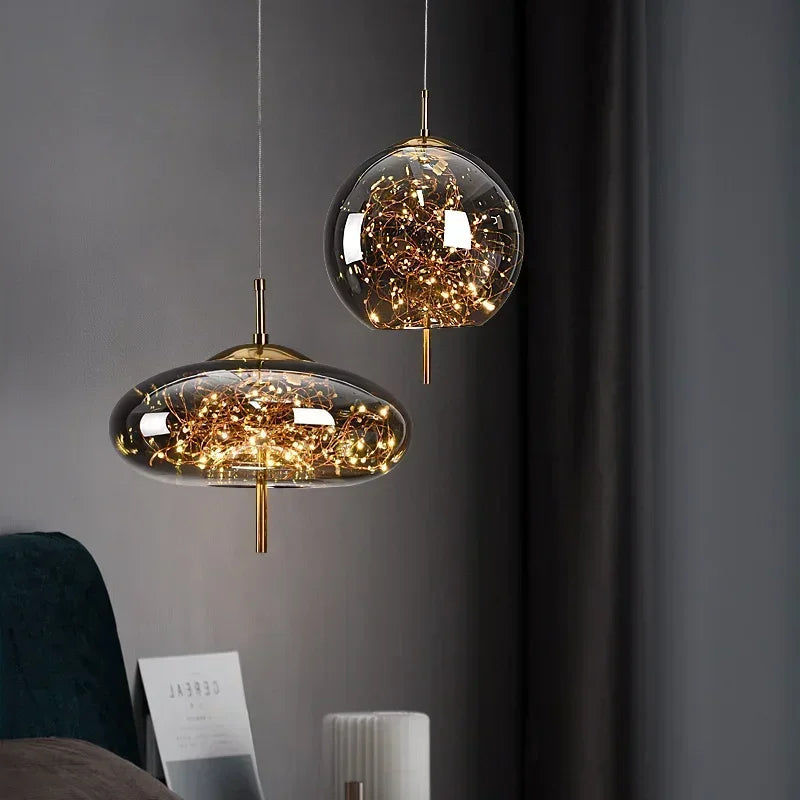 LED Nordic Net Red Bedside Chandelier Girl Light Glass Small  Luxury Long Line Personality Art Full of Stars Hotel Bar Xn