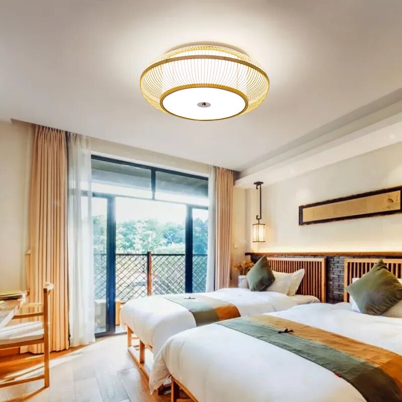 Style Chandelier Bamboo Wood Ceiling Lamp Surface Mounted Large Size Living Room Bedroom Luster Luminaire 45 50 60 cm