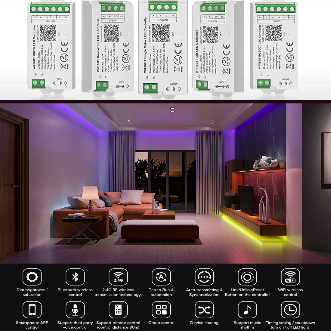 Smart LED Controller, Tuya WiFi, Alexa, Google Home, Bluetooth Voice Control, Dynamic Lighting Control, CCT, RGB, RGBW, Dimmer, iOS, Android, 2.4G, DC12V, DC24V, Intelligent Connectivity, Dynamic Light Modes, User-Friendly Compatibility, Versatile Voltage Support, Effortless Control, Max Load Power, Durable Craftsmanship, Certified Quality, Two-Year Warranty, WiFi and Bluetooth Connection, Lighting Ambiance, Lighting Control Options