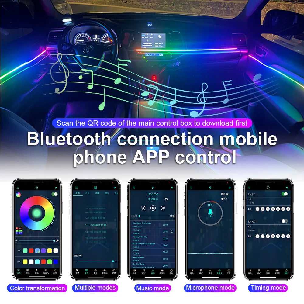 18 / 22 In 1 Streamer Car Ambient Lights RGB 213 64 Color LED Interior Rainbow Acrylic Strip Symphony Remote Atmosphere Lamp Kit