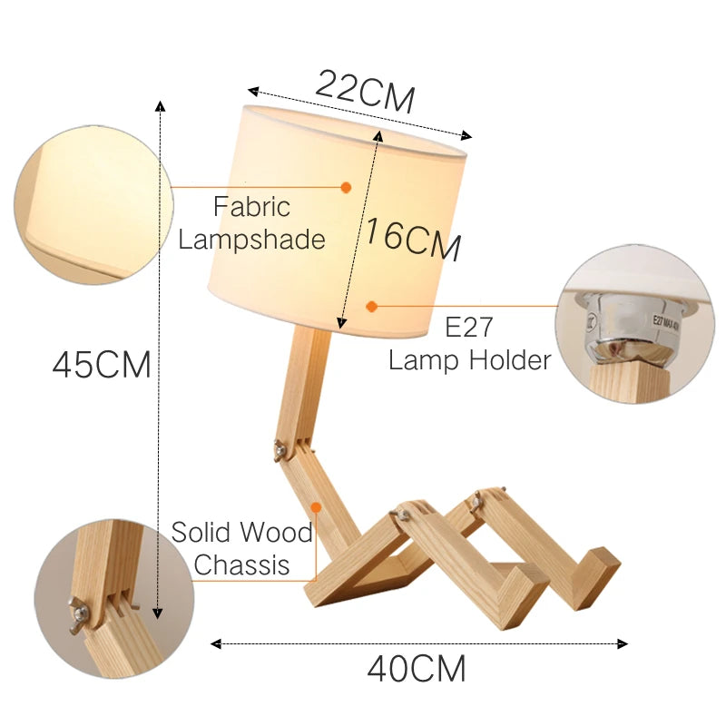 Nordic Wooden Robot LED Table Lamps Novelty E27 Fabric Bedside Art Desktop Lamp Childern Bedroom Decor Reading Book Night Lights