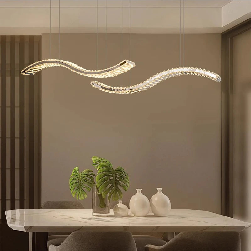 2026 Dining Room Lustre Remote Control Dimmable Pendant Lights Luxury K9 Crystal Hang Chandelier Wave Steel Lamp Fixtures