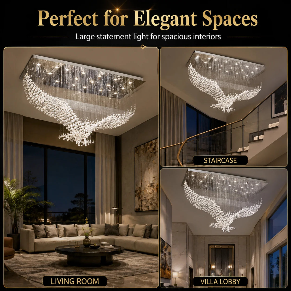 Modern Luxury Eagle Crystal Chandelier Large Pendant Ceiling Light for Living Room Villa Hotel Lobby Staircase Decor