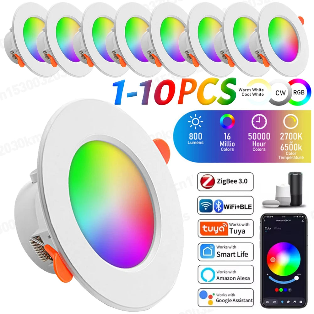 1-10pcs Tuya Bluetooth Smart LED Downlight Full RGB Color Dimming 3 Inch Tuya Bluetooth Control Tuya Downlight 10W 85-265v