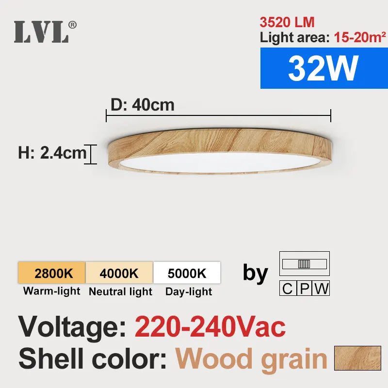 Modern LED Ceiling Light - Wood Grain & Gold 3-Color Home Lighting
