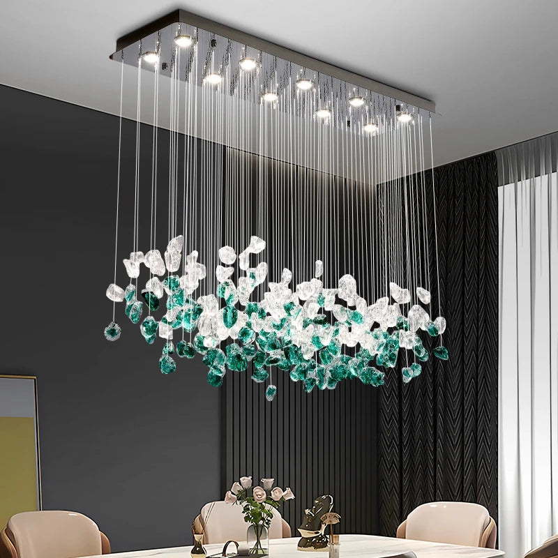 Dining Room Chandeliers Duplex Villa Hall Hanging Lamp Luxury Living Room High Ceiling Green Stone Glass LED Pendant Lights