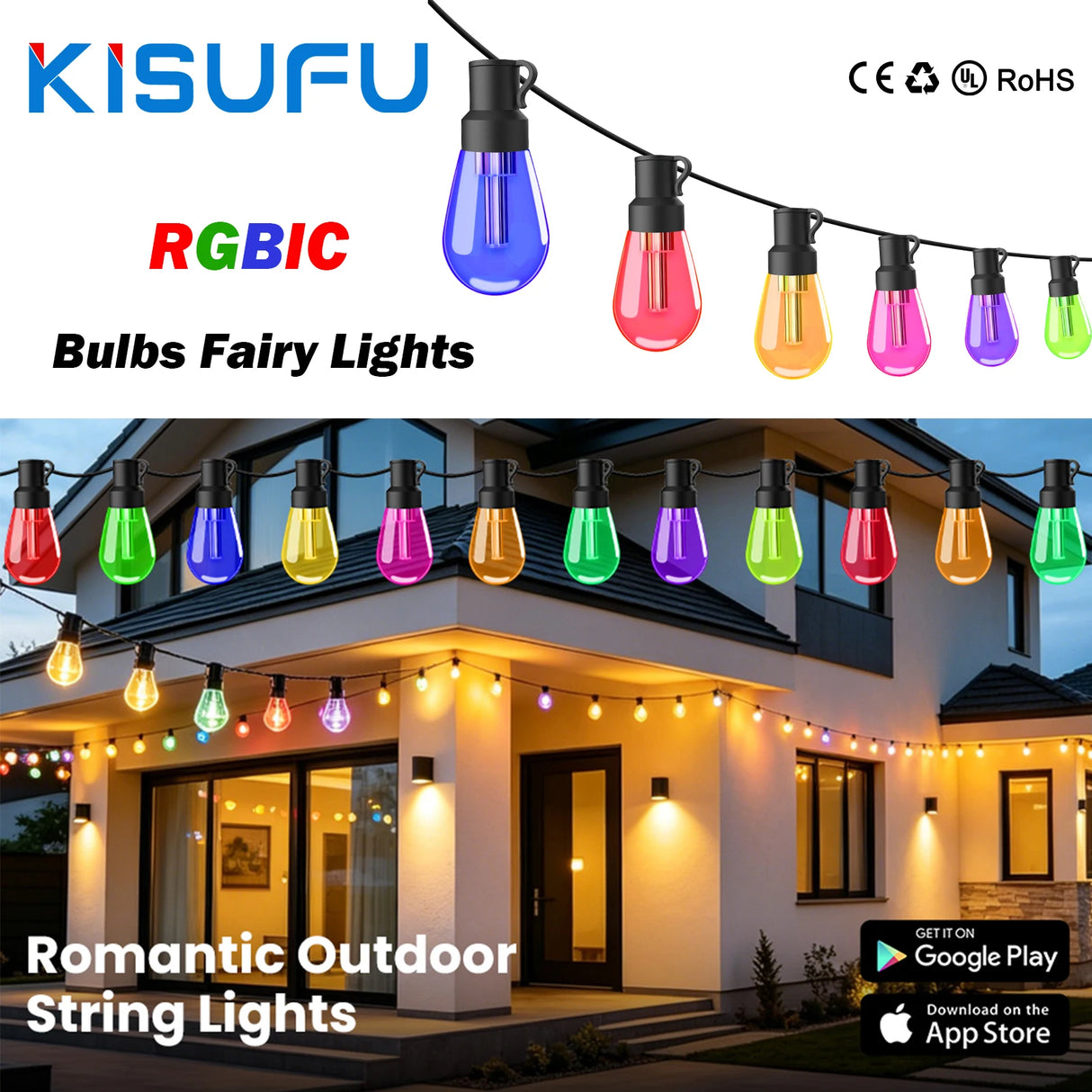 400ft Smart Outdoor Bulb String Lights APP Control RGBIC LED Bulbs Lights IP67 2.4 GHz Bluetooth Music Sync Garden Outdoor Decor