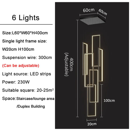 Large Modern Chandelier For Staircase Led Home Decors Hanging Lamp Black /Gold Indoor Lighting Luxury Creative Rectangle Luster's