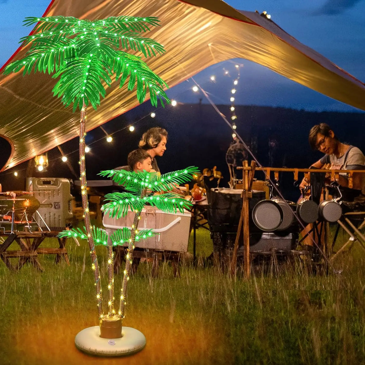 Outdoor terrace with solar powered lighting for palm trees, outdoor Christmas decoration with LED artificial tree lights