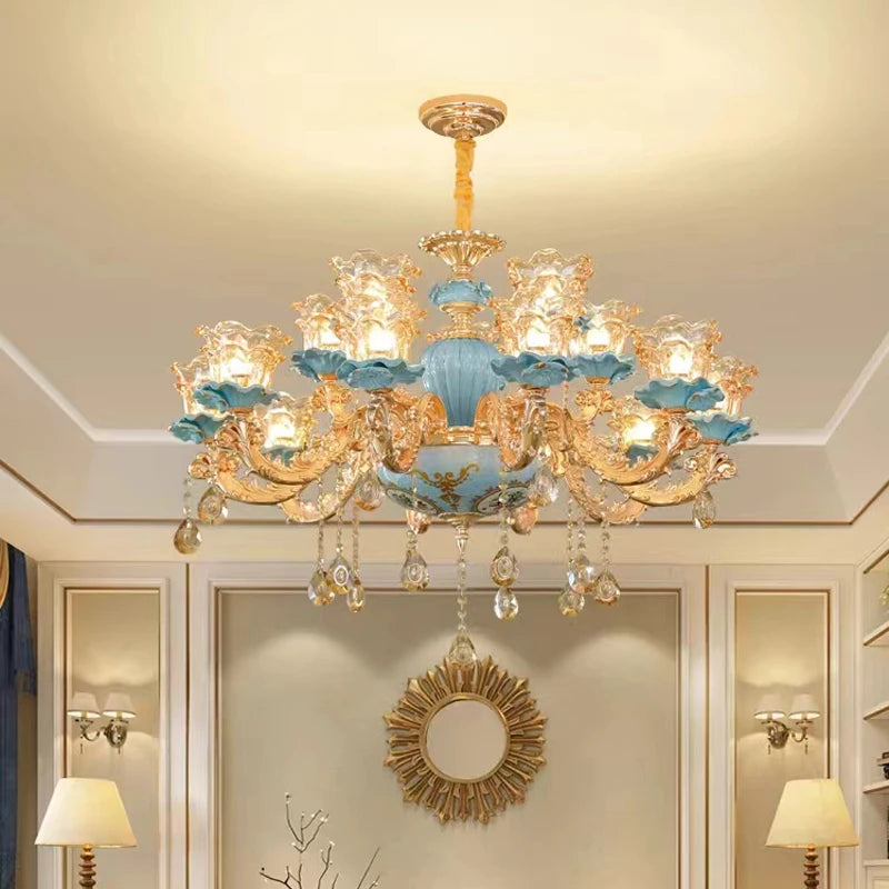 Large Blue Ceramic Chandelier Modern Crystal Glass Fixture Dining Room Contemporary Chandelier For Living Room Home Lighting