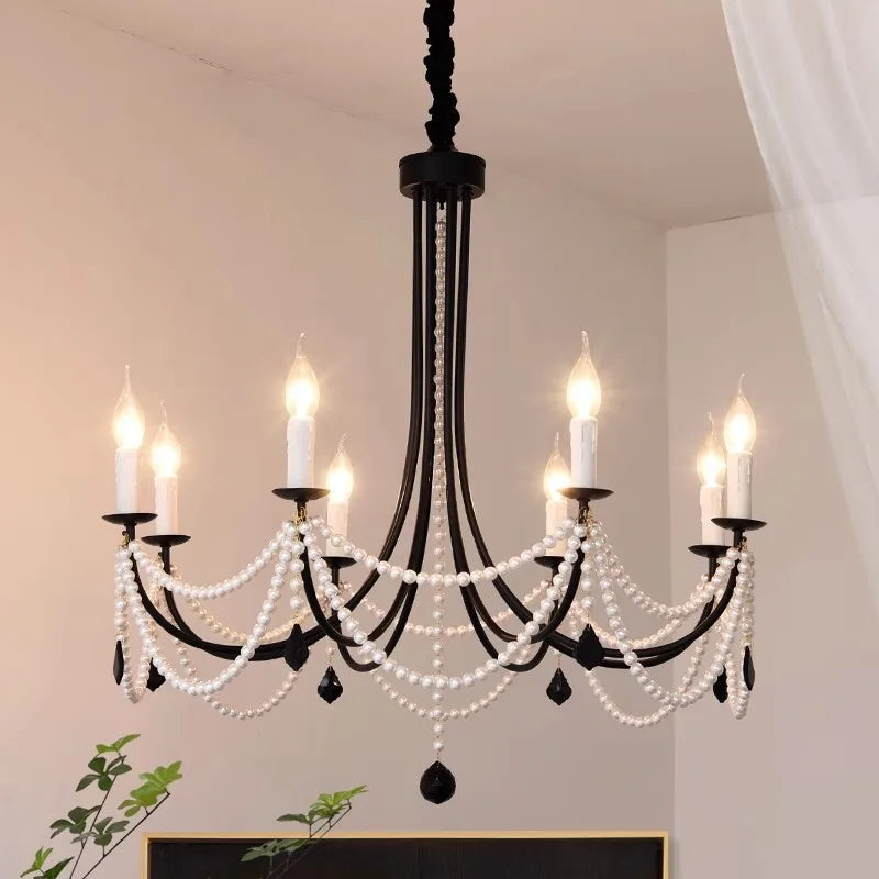 American Retro Candle Chandelier Living Room Black Metal E14 Led Pendant Lights Home Decor Pearl Led Lamparas Hanging Lamp