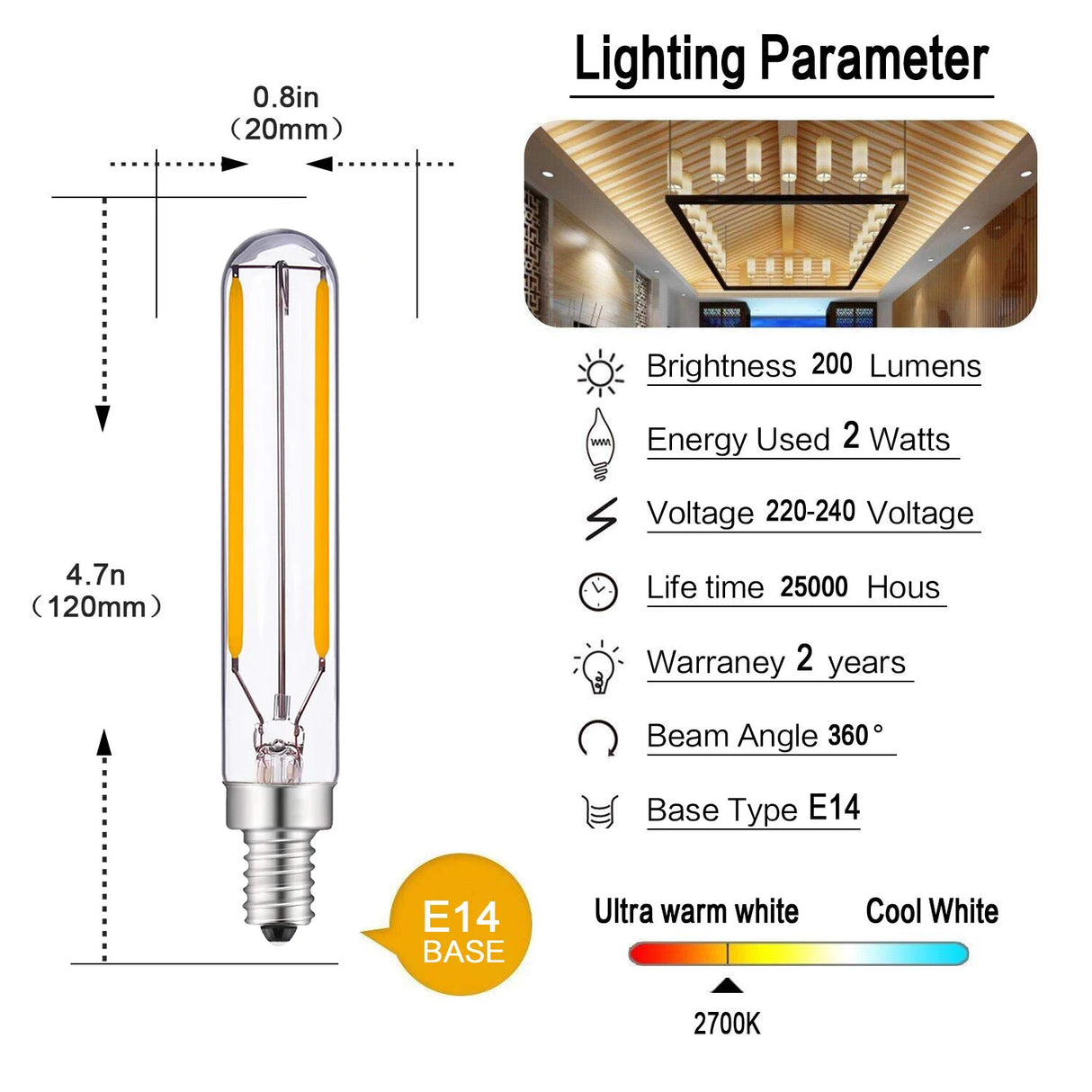 Vintage T20 Long LED Tubular Filament Edison Bulb - 2W E14 Base Retro Dimmable Lamp