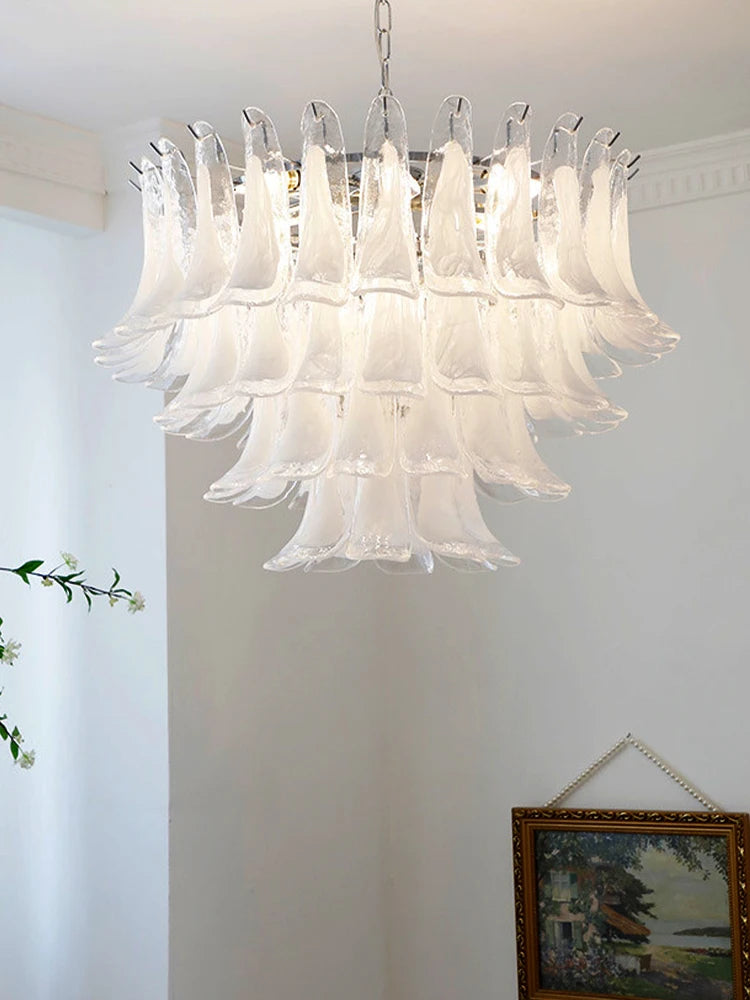 Cloudy White Glass Flower Petal Vintage Chandelier Italy Design Lighting Fixture LED Remote Dimmable Available Living Room Deco