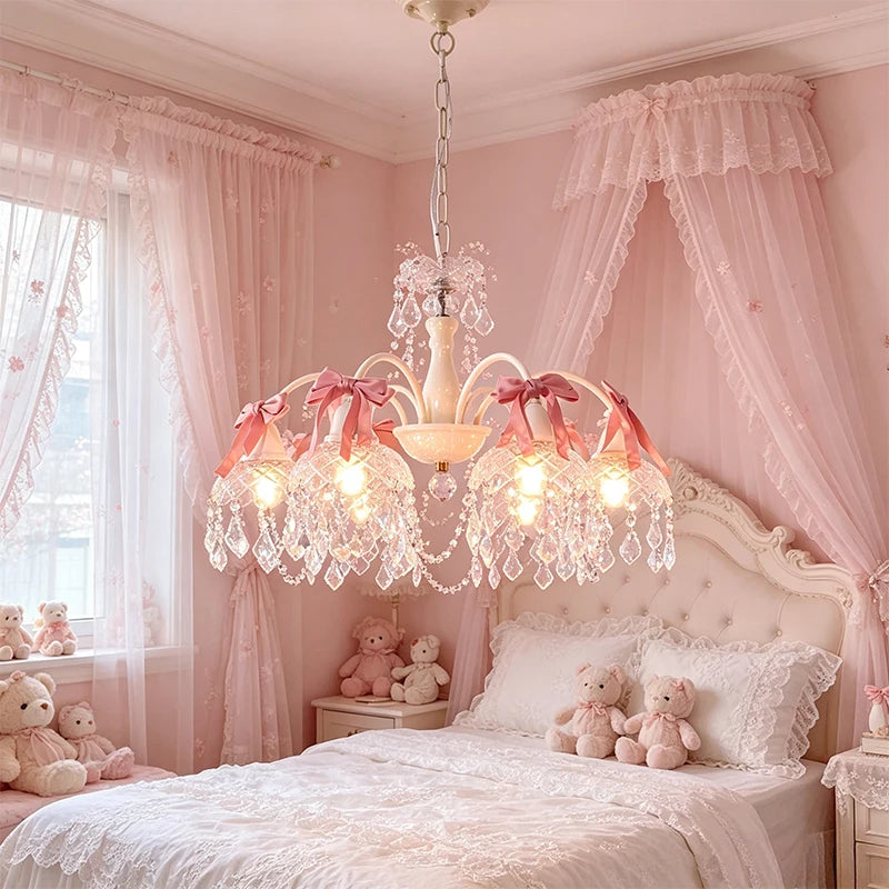French Crystal Chandeliers Bedroom Living Room Dining Room Lamps Pink Bow Baby Room Princess Room Girl Bedroom Decor Chandelier