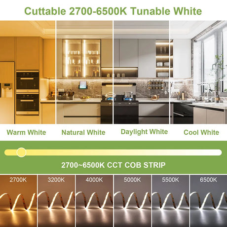 Wi-fi CCT COB LED Strip Light Kit 5mm 10mm Color Temperature Dimmable Supports Alexa Google SmartThings Room Decors