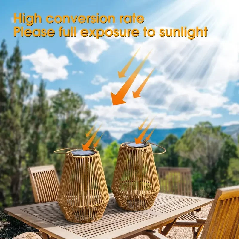 Outdoor Solar Boho Rattan Hanging Lantern Waterproof LED Wicker Lamp for Garden Patio Yard Summer Evening Balcony Wedding Decor
