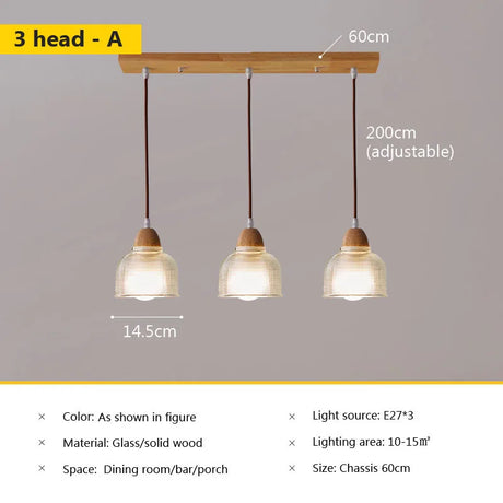 Nordic glass pendant lamp Japanese log wind cafe's restaurant three small chandelier bedroom bedside bar dining table lamps