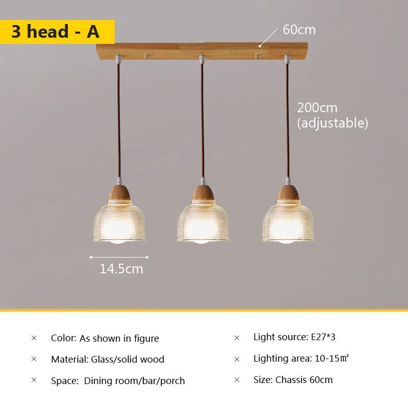 Nordic glass pendant lamp Japanese log wind cafe&#39;s restaurant three small chandelier bedroom bedside bar dining table lamps