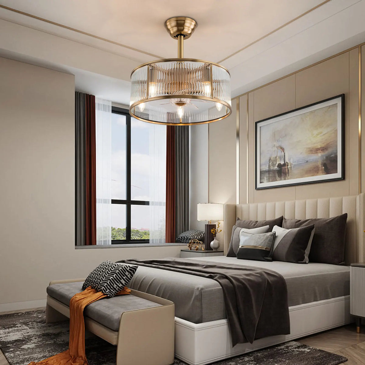 Ceiling Fan with LED Light Kit Remote Control Gold Brushed Brass Industrial Farmhouse Ceiling Light Fixture for Kitchen Island