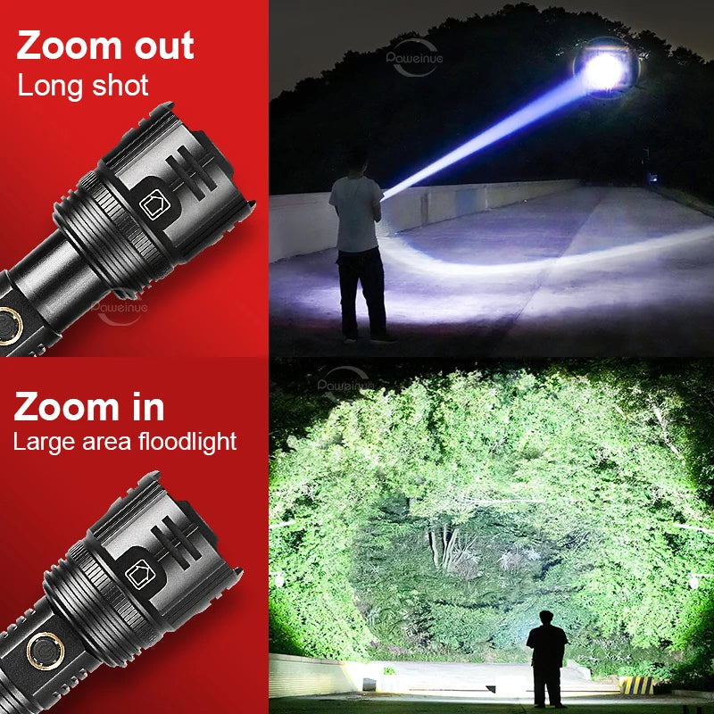 New Super Flashlights Torches Ultra Powerful Flashlight USB Recharge Flash Light 12000MAh LED Flashlight Zoom Tactical Lantern