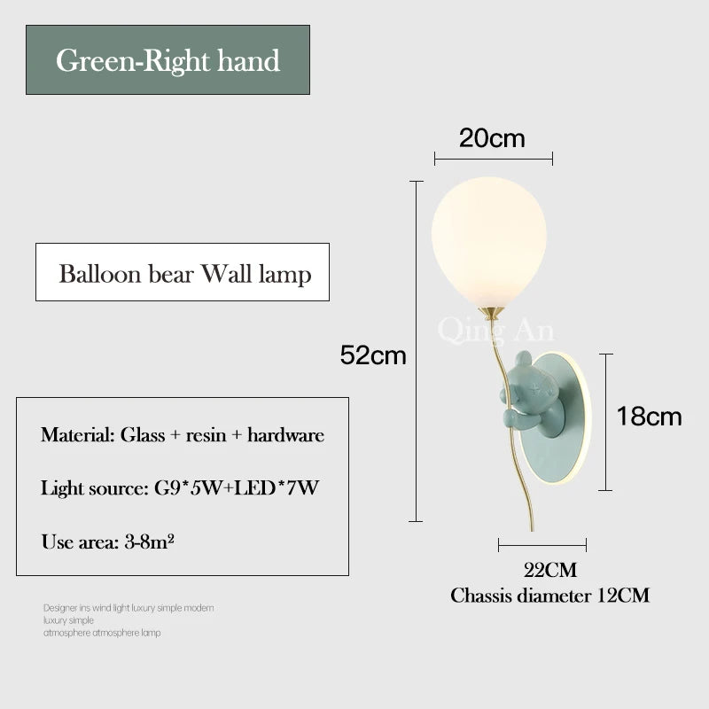 Pink Balloon Bear Wall Lamps Cute Children's Room Lamp Modern Warm Princess Room Nursery Girl Boy Bedroom Bedside Wall Lights