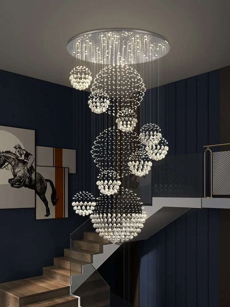 Modern LED Crystal Ball Chandeliers For Staircase Living Room Spiral Pendant Hanging Light Hall Villa Lobby Lamp Lustre Fixtures