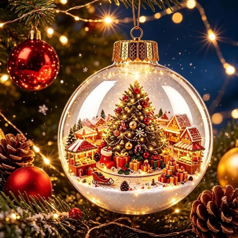 8cm Christmas Ball Ornament Transparent Acrylic Xmas Hanging Decoration DIY with Light Snowman Crystal Ball Holiday Ornament