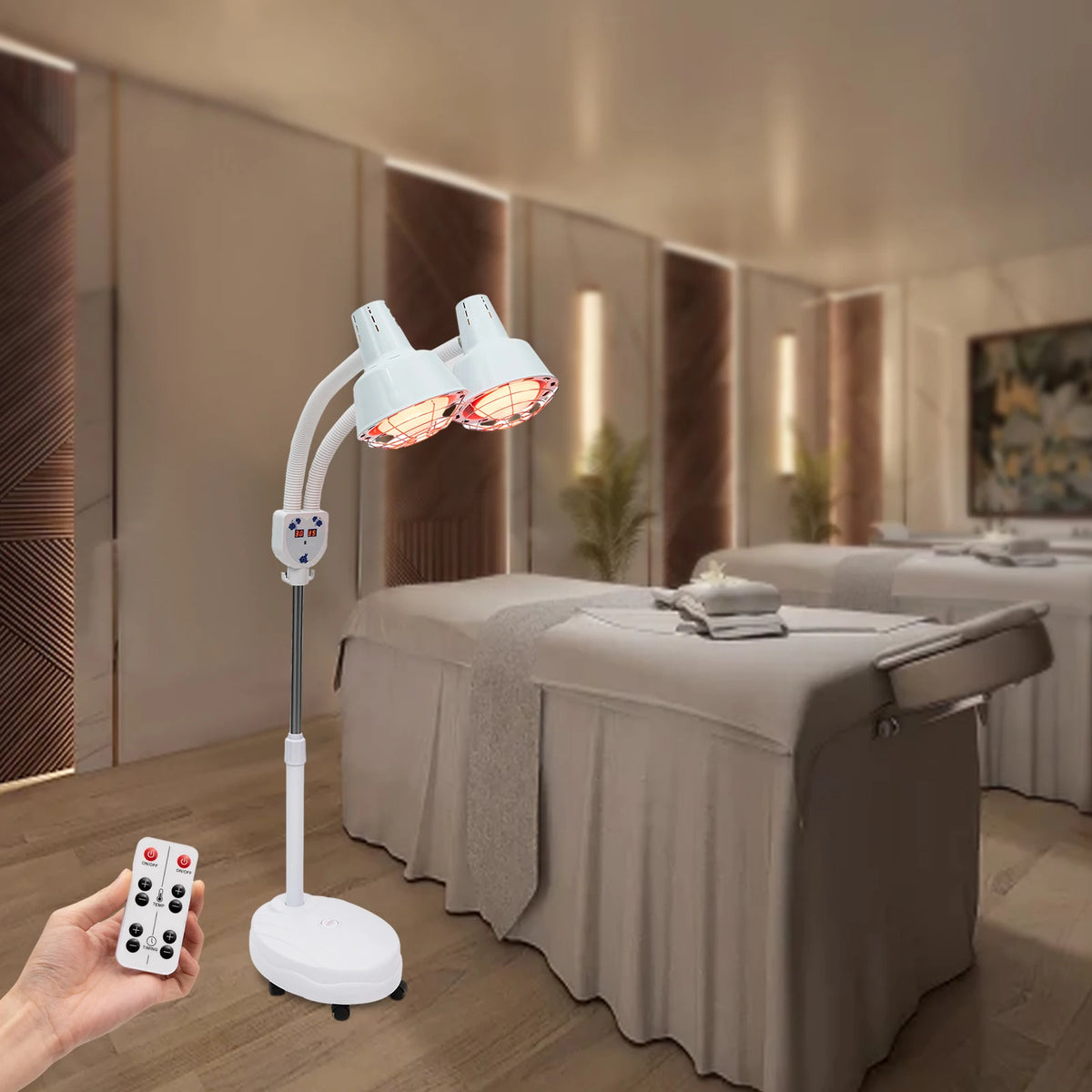 Red Light Therapy LED Electric Infrared Baking Lamp 275W Double-head 360° Adjustable Temperature Heat Lamp Remote Control With Rotating Pulley Base