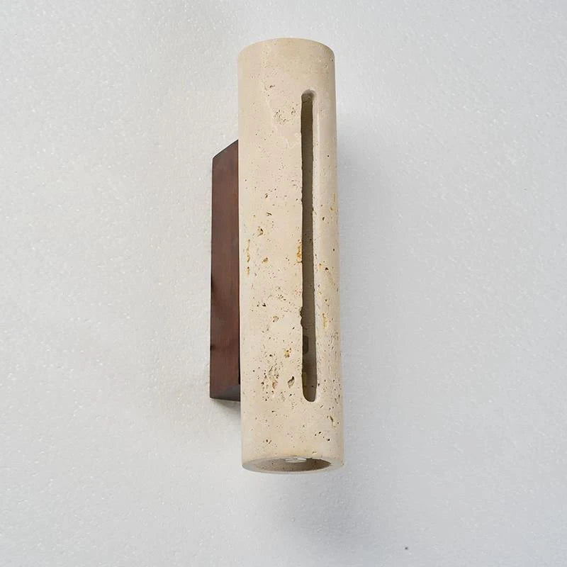 Yellow Cave Stone & Wood LED Wall Sconce Lamp - Wabi-Sabi Natural Travertine Stone Wall Light for Living Room, Bedroom Bedside & Corridor Decor