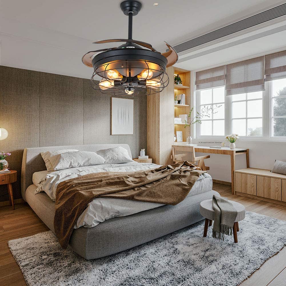 Round LED Ceiling Fan Light Vintage Chandelier Pedant Lamp W/ Remote for Living Dining Room Bedroom