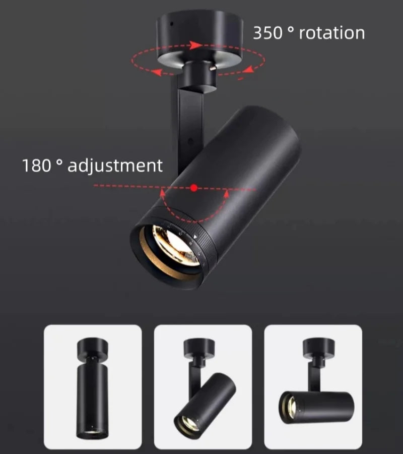 Free rotation adjustable focus 10 ° -55 ° track light dimmable surface mounted ceiling spotlight