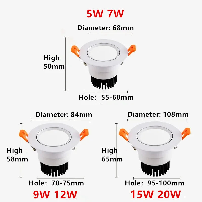 High-performance Embedded LED Downlight Angle Adjustable 5W 7W 9W 12W 15W 20W COB Anti-Glare Dimmable Ceiling Light Spotlights CRI＞98