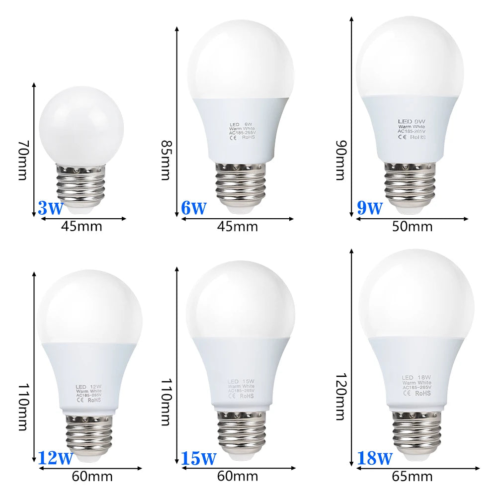 E27 LED Light Bulb (3W-18W Options) - AC 220V-240V Smart IC High-Brightness Lamp