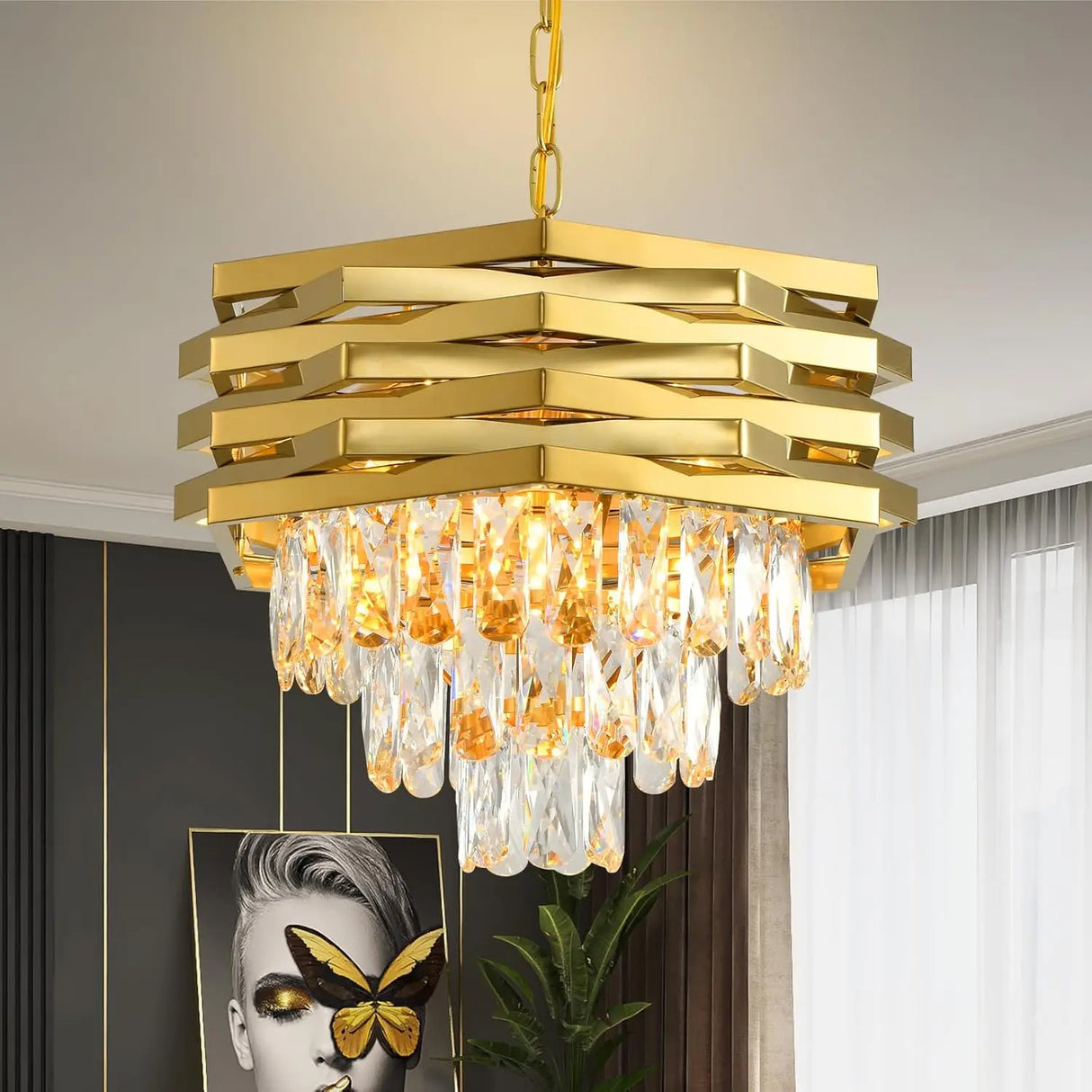 Modern Crystal Chandelier Gold Round for Dining Room for Living Room Entryway Foyer Bedroom Kitchen Pendant Light Fixtures