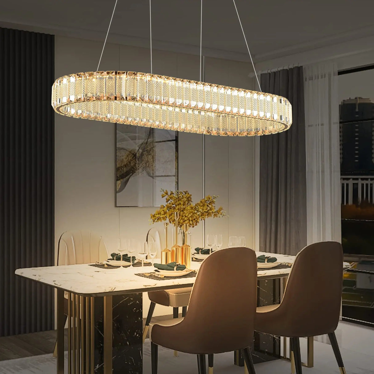 Oval gold pendant lamp, modern crystal pendant lamp, restaurant lighting fixture, pendant lamp, ceiling, living room