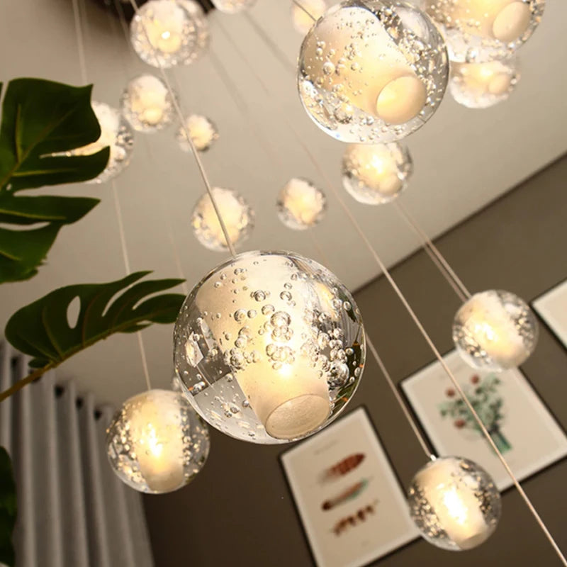 LED Villa Staircase Pendant Lights Long Cable Hanging crystal glass ball droplight for Restaurant Bar Indoor Decorative