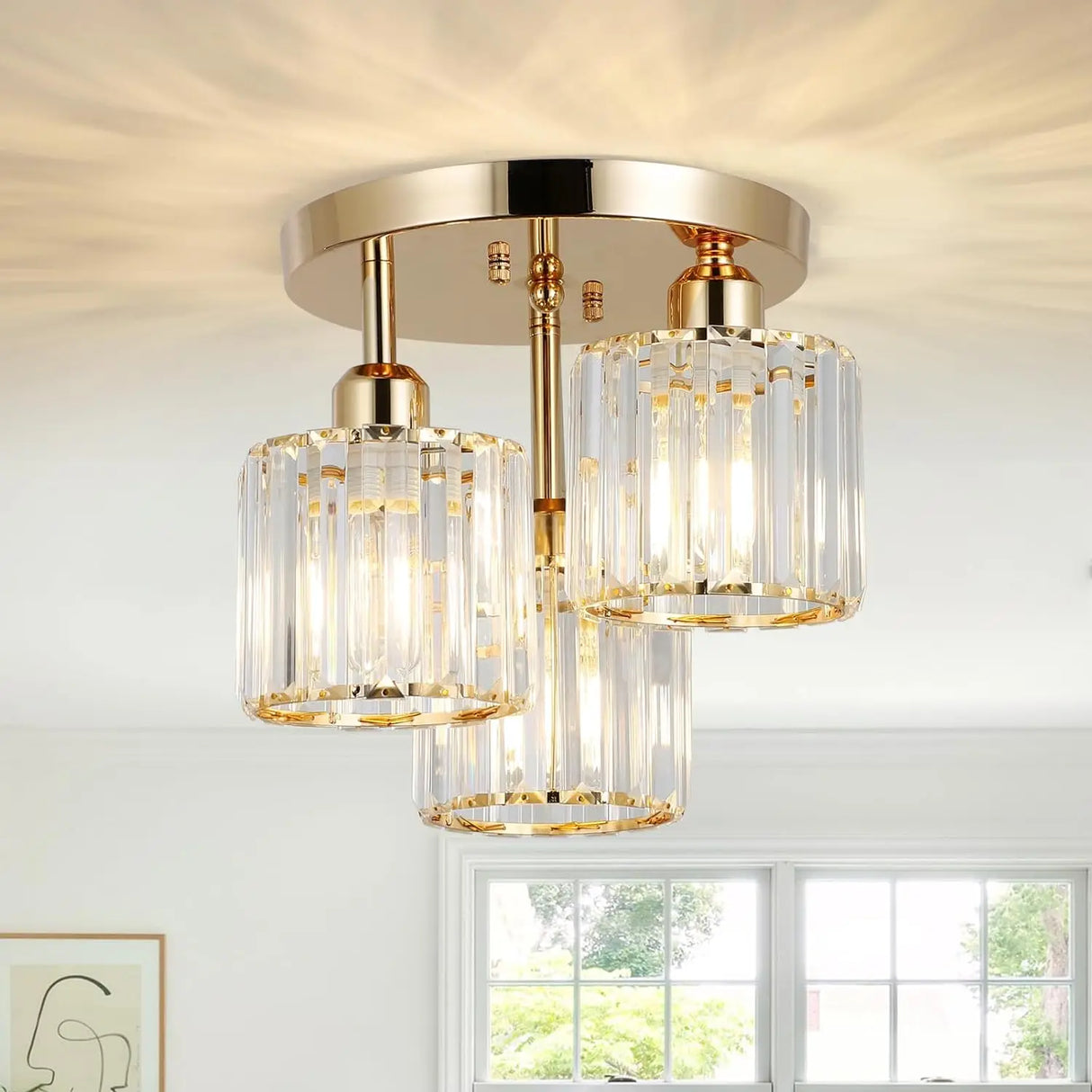 Modern Semi Flush Mount Ceiling Light, 3-Light Crystal Gold Close to Ceiling Fixture, Clear Crystal Shade for Kitchen Hallway Ba