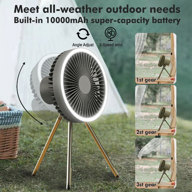 2 in1 Camping Fan Multifunction Home Appliances Usb Rechargeable Desk Tripod Stand Ceiling Cooling Fan With LED Night Light