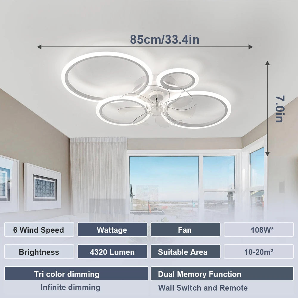 Modern LED Ceiling Fan with Light - Low Noise Chandelier for Bedroom & Kitchen